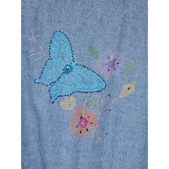 VTG Tantrums Embroidered Floral Denim Jacket Sz L Butterflies 90s Hippie Boho - Picture 8 of 16